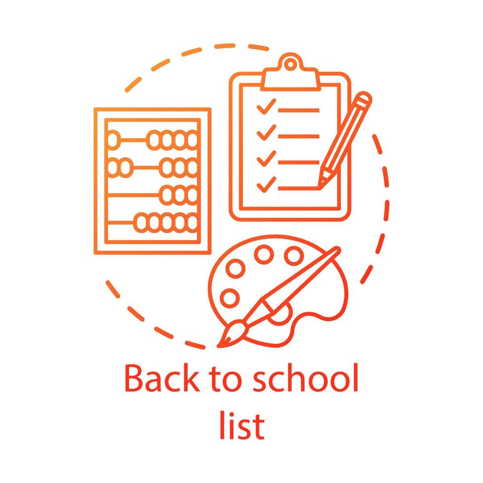 School supplies checklist concept icon. Studies preparation idea thin line illustration. Elementary grade student equipment check. Clipboard, abacus, brush with palette vector isolated outline drawing