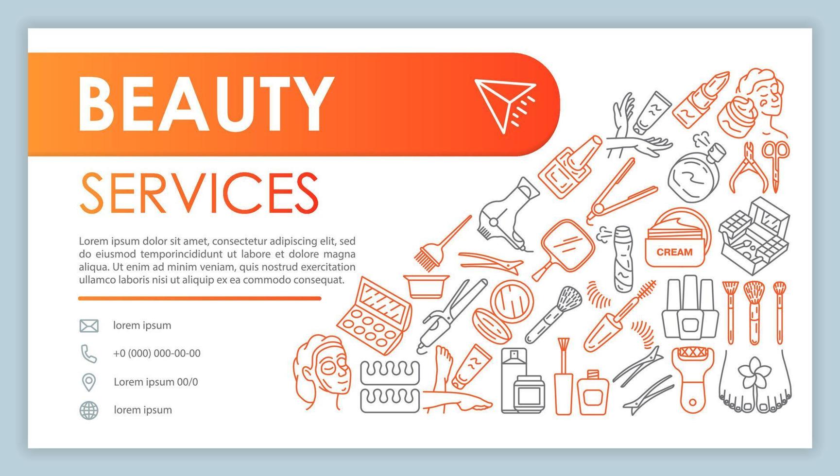 Beauty services web banner, business card vector template. Female fashion parlor contact page with phone, email linear icons. Cosmetology presentation, web page idea. Corporate print design layout