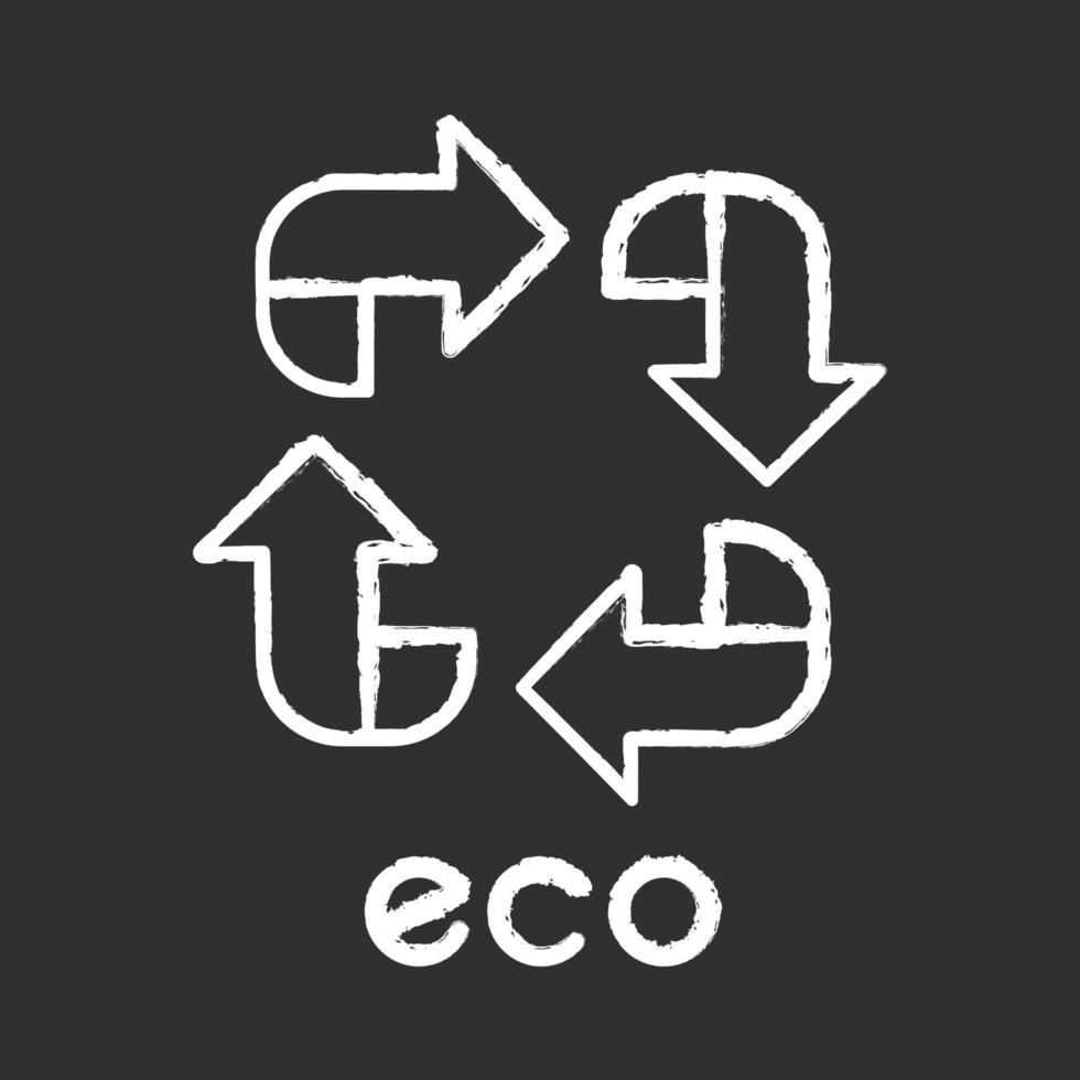 icono de tiza de etiqueta ecológica. cuatro signos de flecha en ángulo. símbolo de reciclaje. energía alternativa. etiqueta de protección del medio ambiente. productos químicos ecológicos. cosméticos orgánicos. ilustración de pizarra de vector aislado