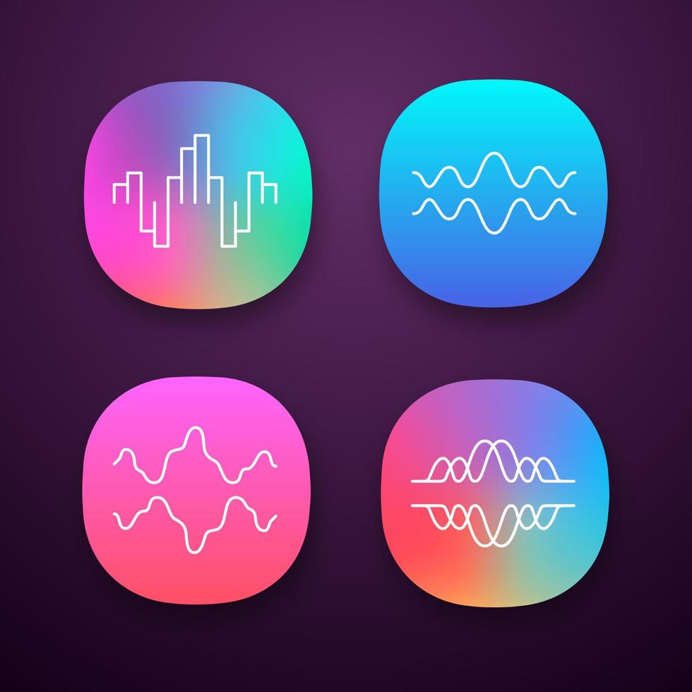 Sound waves app icons set. Audio, music, radio signal waves. Vibration, synergy, motion lines. Digital curve soundwaves. UI UX user interface. Web or mobile applications. Vector isolated illustrations