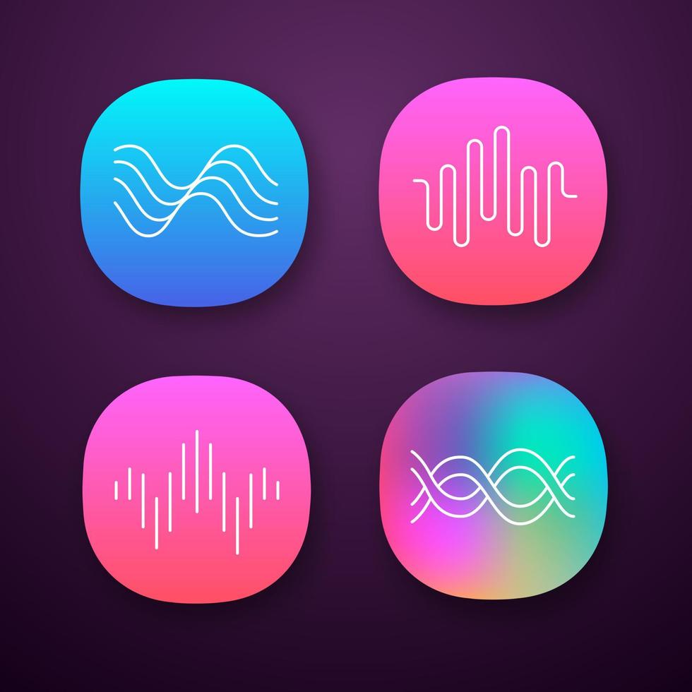 Sound waves app icons set. Audio waves. Sound recording. Music rhythm logotype. Soundwave, digital waveform frequency. UI UX user interface. Web or mobile applications. Vector isolated illustrations