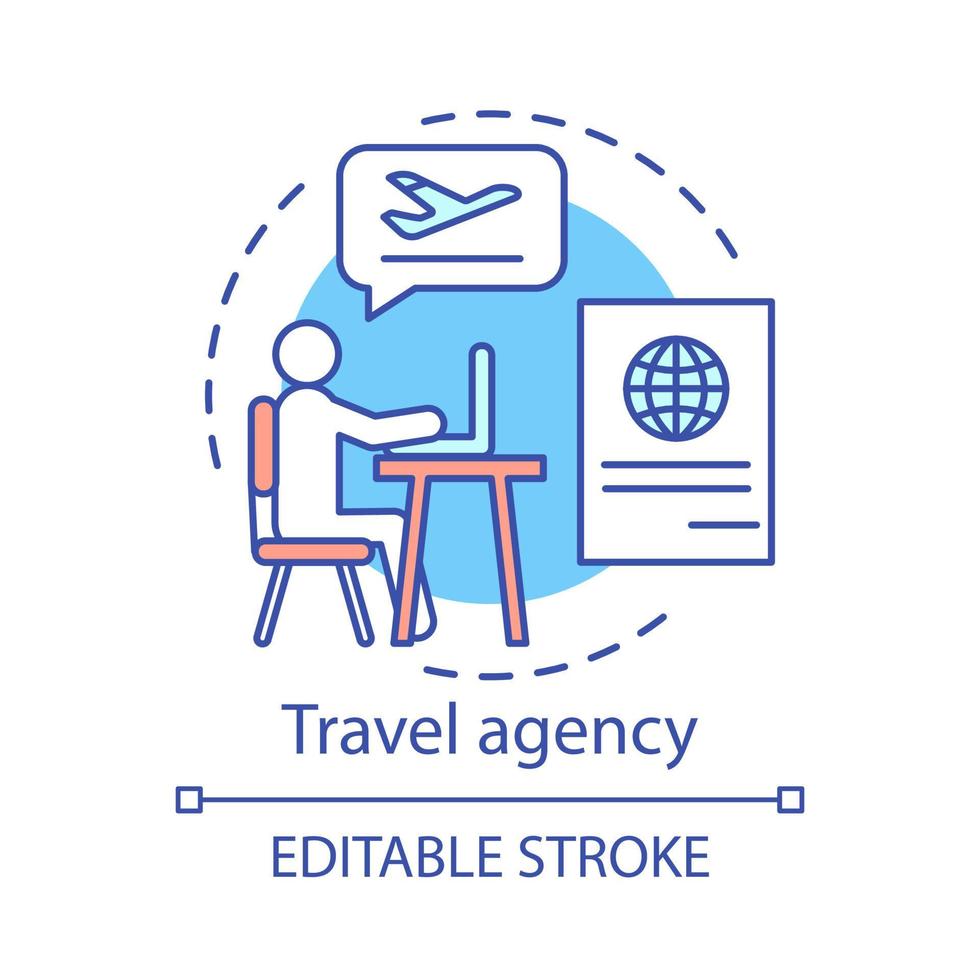 Travel agency concept icon. Traveling idea thin line illustration. Touristic company. Tour advice. Discounts, special offers. Vacation destinations. Vector isolated outline drawing. Editable stroke