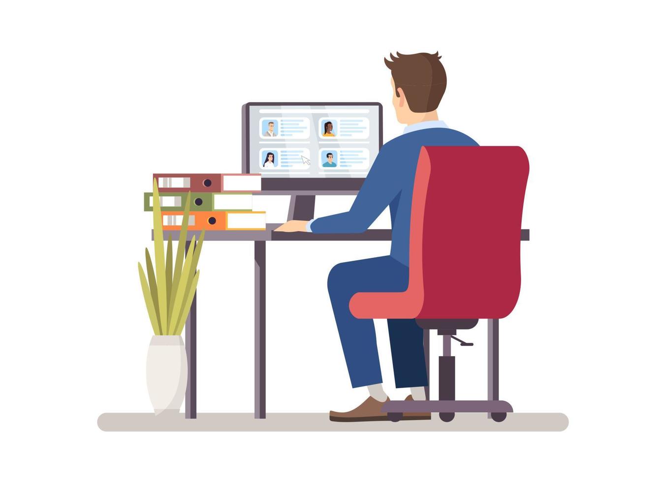 HR manager choosing applicants resume flat vector illustration. Recruiter, employer search staff, reading candidates cv on PC. Employment, recruitment service. Boss looking for personal assistant