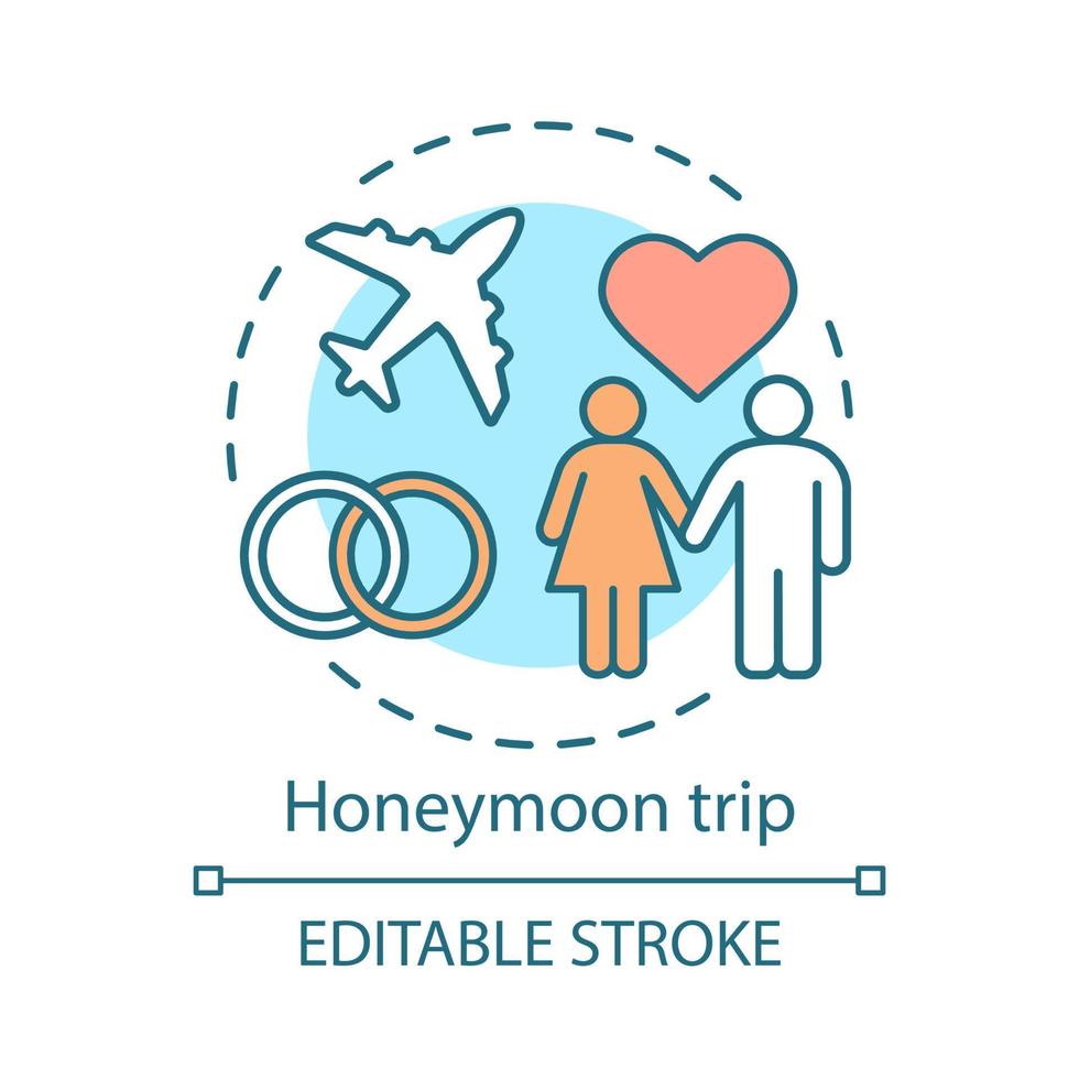 Honeymoon trip concept icon. Travel style idea thin line illustration. Romantic voyage. City tours. Family tourism. Newlyweds holiday. Vector isolated outline drawing. Editable stroke