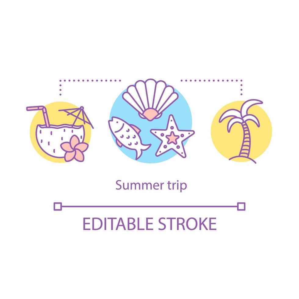 Summer trip concept icon. Traveling idea thin line illustration. Cruise offer. Sunbathing and sea swimming. Underwater fauna. Scuba diving. Vector isolated outline drawing. Editable stroke
