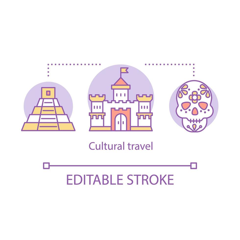 Cultural travel concept icon. Travel experience idea thin line illustration. Customs and traditions of foreign culture. Local sightseeing. Vector isolated outline drawing. Editable stroke