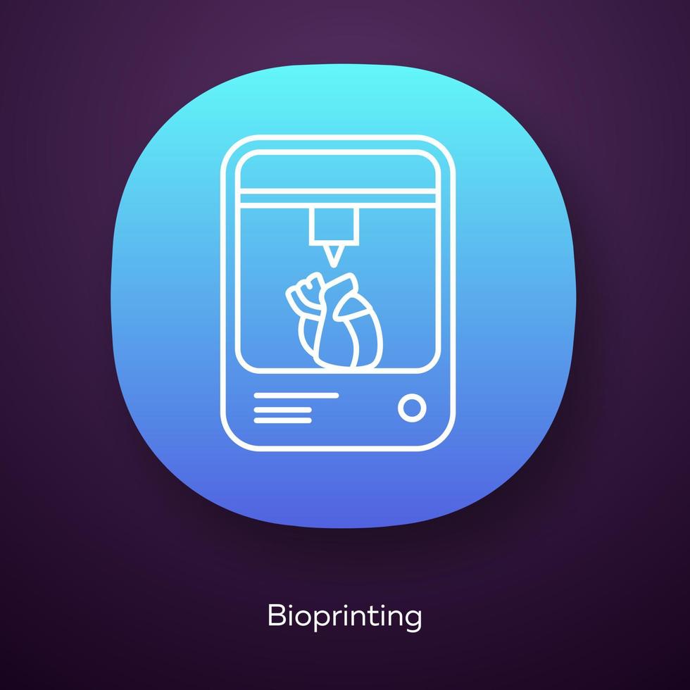 Bioprinting app icon. Artificial heart 3d printing. Living organs producing. Medical technologies. Bioengineering. UI UX user interface. Web or mobile application. Vector isolated illustration