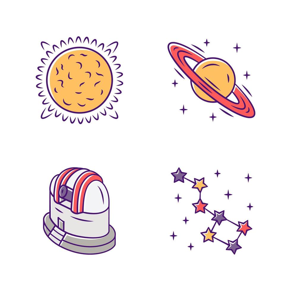 Astronomy color icons set. Space exploration. Sun, Saturn, observatory, constellation. Astrophysics, astrology. Celestial objects observing, studying. Isolated vector illustrations