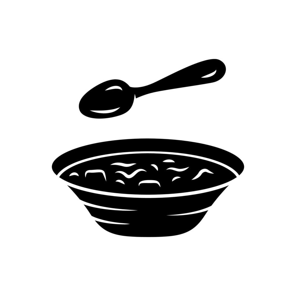 Soup glyph icon. Bowl and spoon, kitchenware. Hot steaming soup plate. First meal. Healthy diet. Nutritious meal. Restaurant, cafe menu. Silhouette symbol. Negative space. Vector isolated illustration