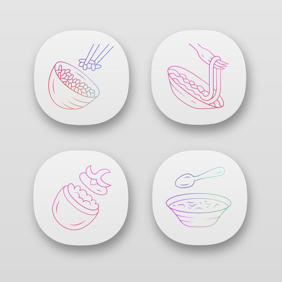 Nutritious food app icons set. Rice, stuffed tomato, soup. Cafe, restaurant snack, appetizer. First, second course. UI UX user interface. Web or mobile applications. Vector isolated illustrations