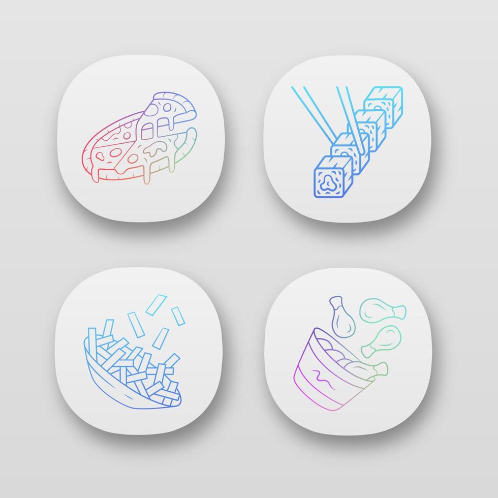Fast food app icons set. Pizza, french fries, chicken drumsticks, sushi. Italian, american and asian cuisine. Cafe menu. UI UX user interface. Web or mobile applications. Vector isolated illustrations