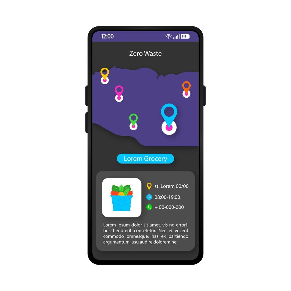 Zero waste app smartphone interface vector template. Mobile app page black design layout. Grocery location screen. Flat UI for environmental protection application. Ecology care phone display