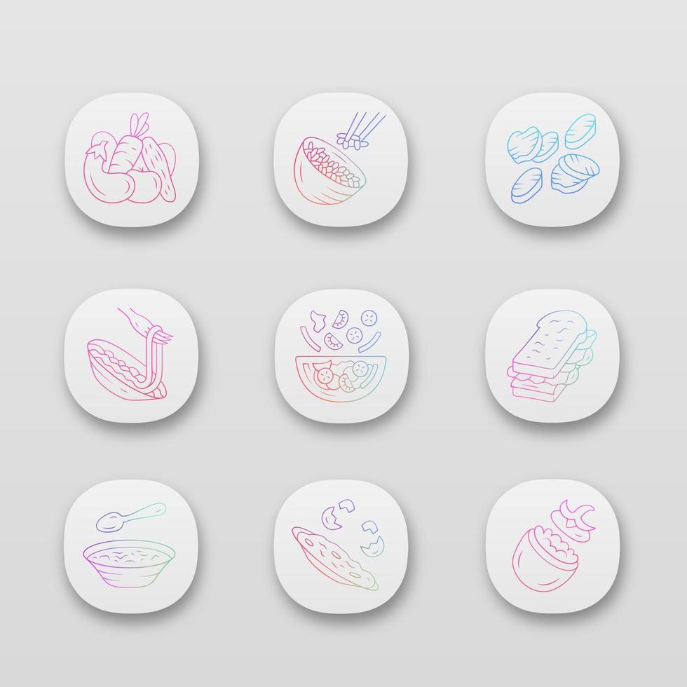 Restaurant menu dishes app icons set. Salads, soup, main dishes. Rice, omelette, pasta, sandwich. Nutritious food. UI UX user interface. Web or mobile applications. Vector isolated illustrations