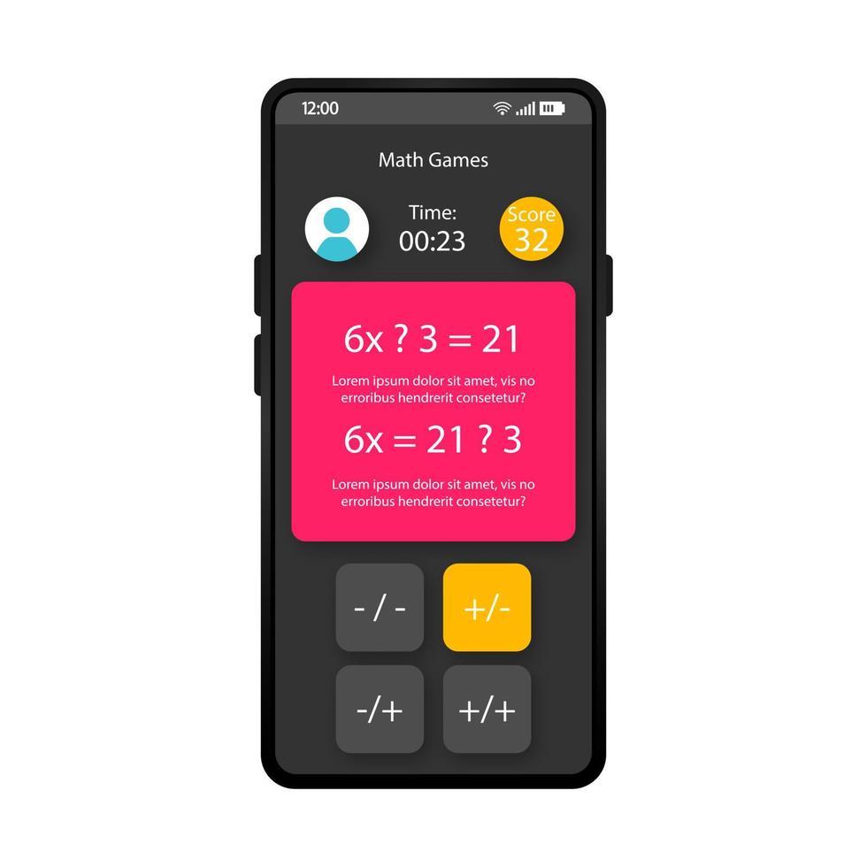 Math games smartphone interface vector template. Mobile educational app page black design layout. Counting exercise screen. Flat UI for calculating application. Puzzle question phone display