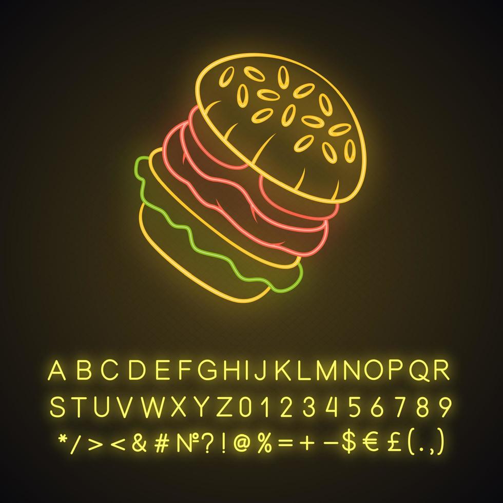 Burger neon light icon. Fast food cafe, restaurant menu. Hamburger, cheeseburger, vegan burger. Quick meal. Sesame bun. Glowing sign with alphabet, numbers and symbols. Vector isolated illustration