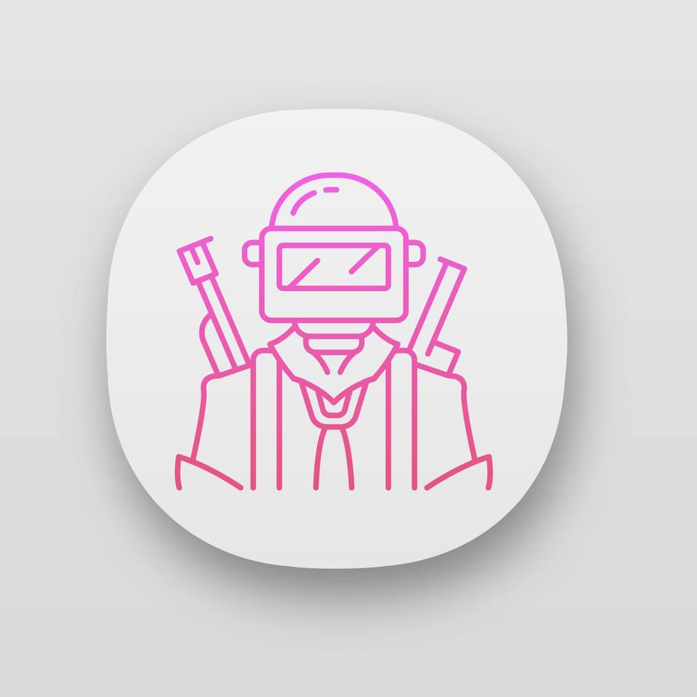 Game soldier app icon. Player with weapon in safety gear. Virtual game inventory. Player in protective helmet with guns. UI UX user interface. Web or mobile application. Vector isolated illustration