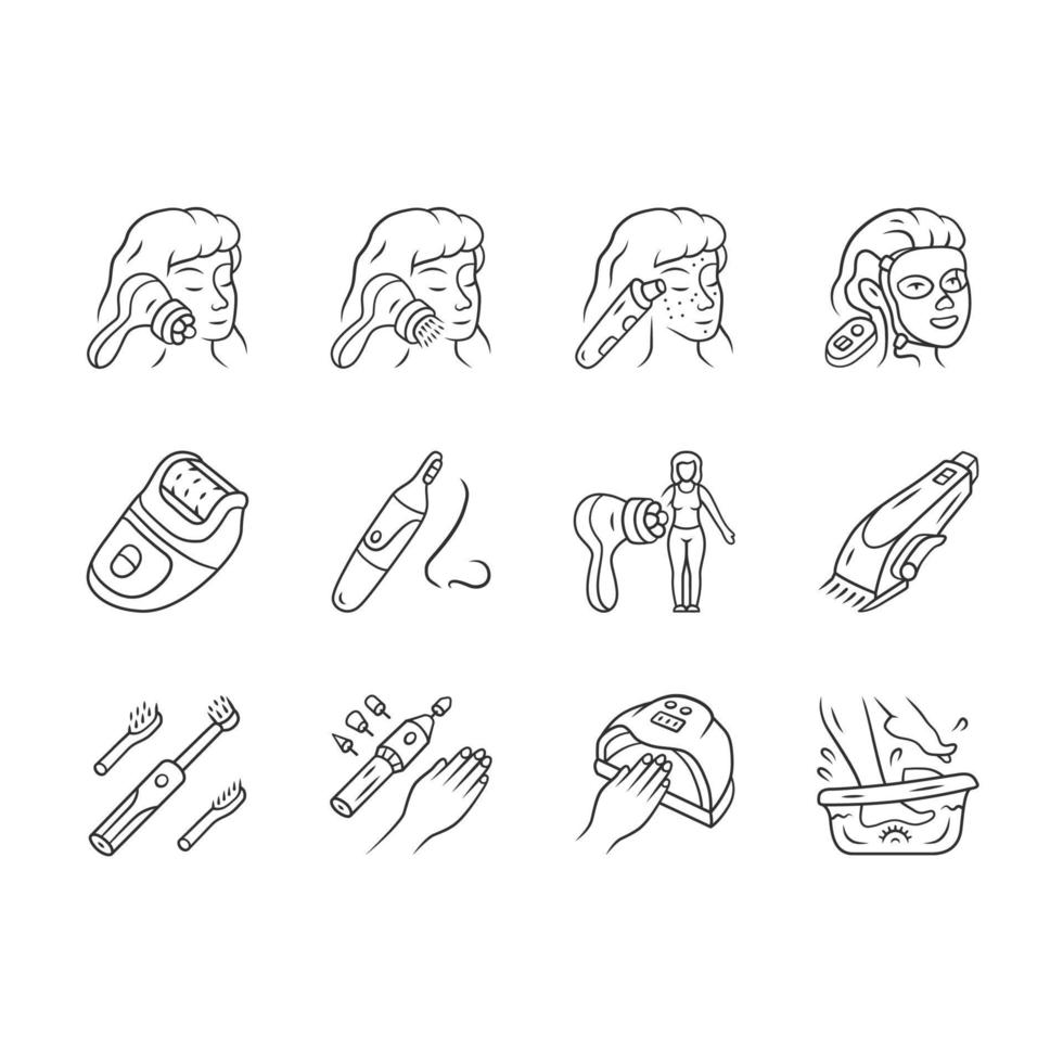 Beauty devices linear icons set. Home cosmetology procedures. Face massager, blackhead remover, epilator, nose hair trimmer. Thin line contour symbols. Isolated vector illustrations. Editable stroke