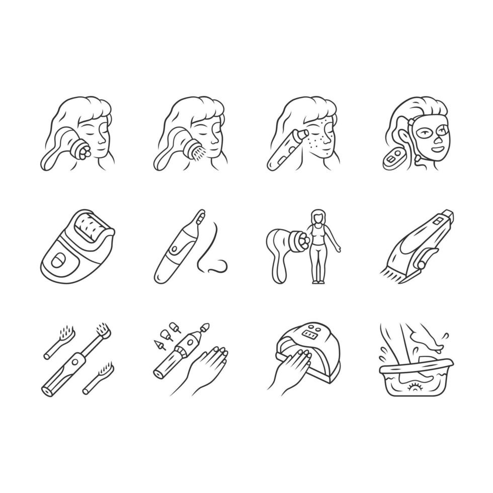 conjunto de iconos lineales de dispositivos de belleza. procedimientos de cosmetología en el hogar. masajeador facial, removedor de puntos negros, depiladora, recortador de vello nasal. símbolos de contorno de línea delgada. ilustraciones vectoriales aisladas. trazo editable vector