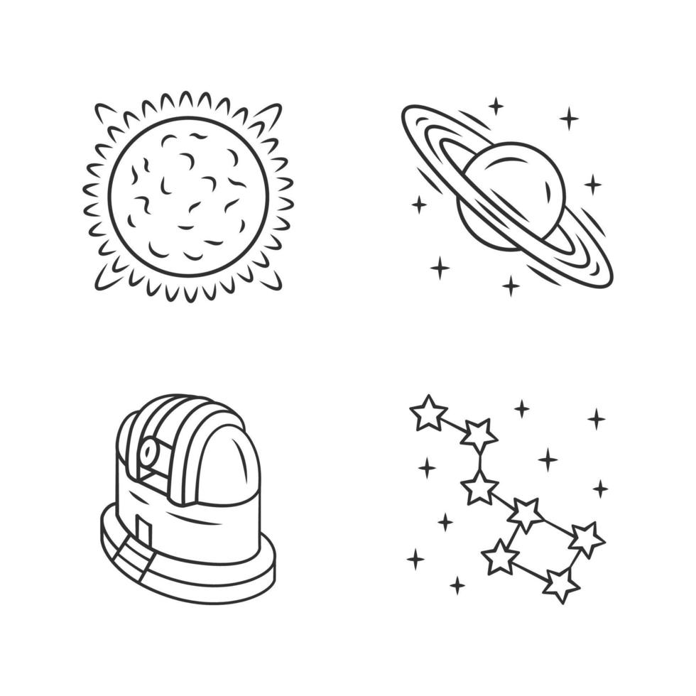 Astronomy linear icons set. Space exploration. Sun, Saturn, observatory, constellation. Astrophysics, astrology. Thin line contour symbols. Isolated vector outline illustrations. Editable stroke