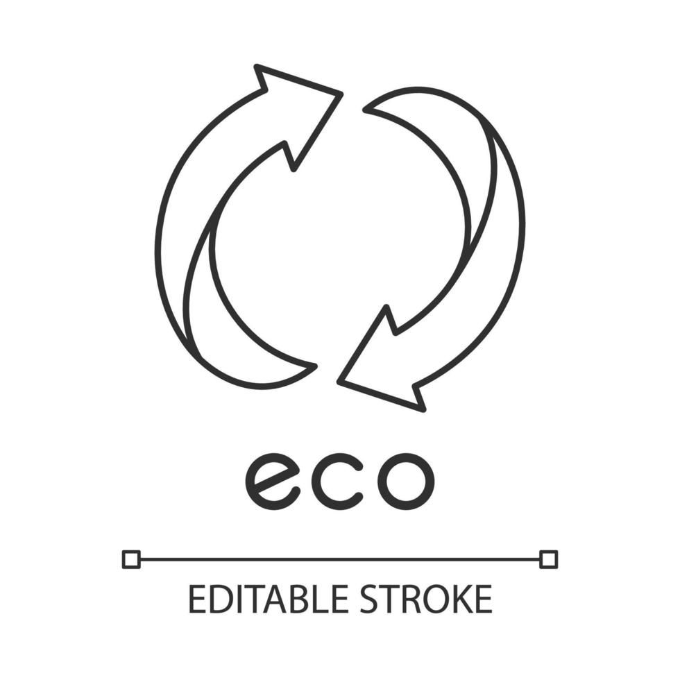 Eco label linear icon. Two rounded arrow signs. Recycle symbol. Alternative energy. Environmental protection sticker. Thin line illustration. Contour symbol. Vector isolated drawing. Editable stroke