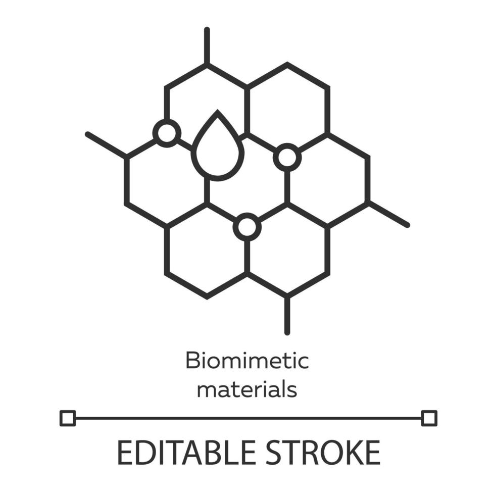 Biomimetic materials linear icon. Copying natural formation by human. Honeycomb, water drop. Bioengineering. Thin line illustration. Contour symbol. Vector isolated outline drawing. Editable stroke