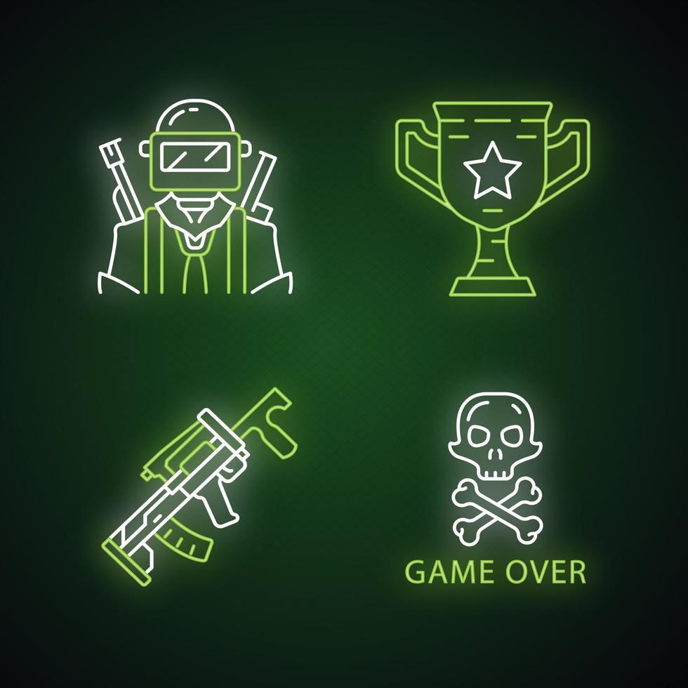 Online game inventory neon light icons set. Player, soldier, trophy cup, weapon, game over. Shooter game equipment, items. Battle royale. Glowing signs. Vector isolated illustrations