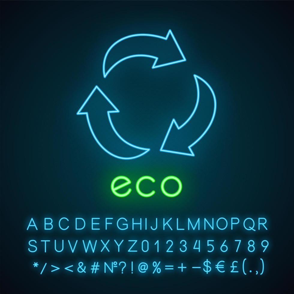 Eco label neon light icon. Three curved arrow signs. Recycle symbol. Environmental protection sticker. Alternative energy. Glowing sign with alphabet, numbers and symbols. Vector isolated illustration