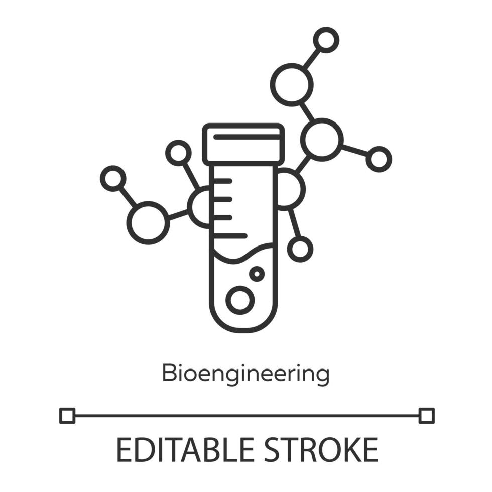 Bioengineering linear icon. Biological engineering. Test tube and molecule. Biochemistry, biotechnology. Thin line illustration. Contour symbol. Vector isolated outline drawing. Editable stroke