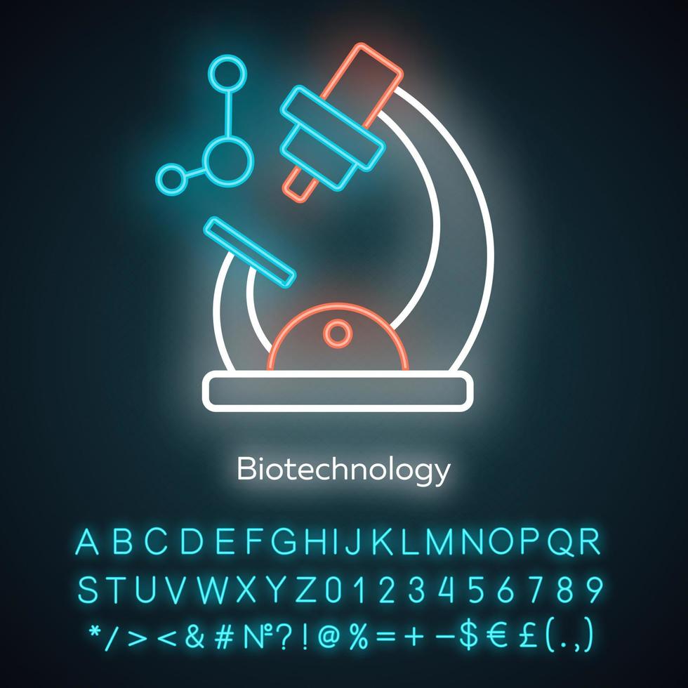 Biotechnology neon light icon. Biotech. Molecular biology. Microscope and molecule. Laboratory research. Biochemistry. Glowing sign with alphabet, numbers and symbols. Vector isolated illustration
