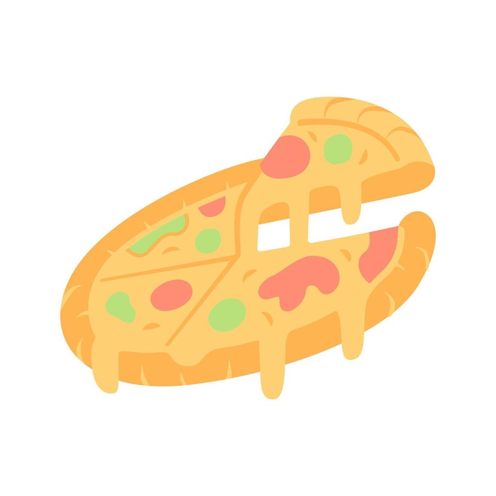 icono de color de sombra larga de diseño plano de pizza en rodajas. pizzería, pizzería, restaurante, menú de cafetería. comida tradicional italiana con queso y tomate. entrega de comida rápida. ilustración de silueta vectorial vector