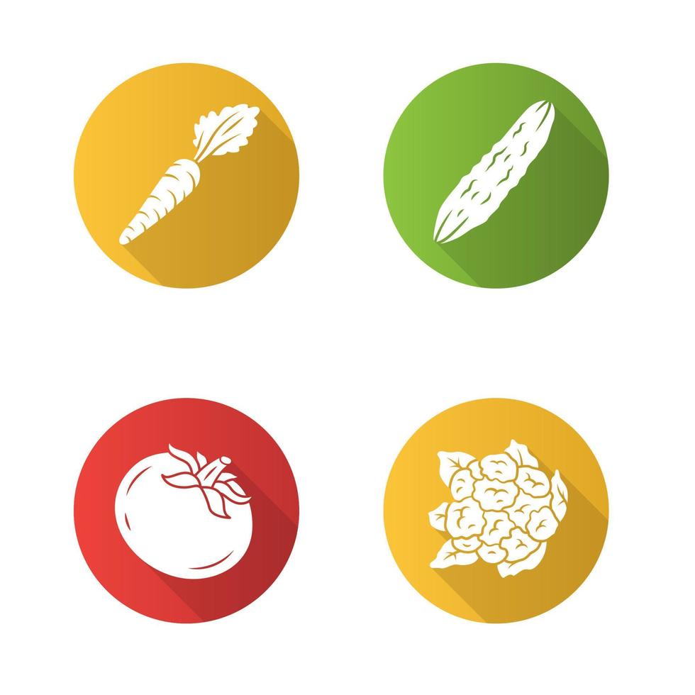 conjunto de iconos de glifo de sombra larga de diseño plano de verduras. coliflor, pepino, tomate, zanahoria. vitamina y dieta. nutrición saludable. ingrediente de ensalada. ilustración de silueta vectorial vector