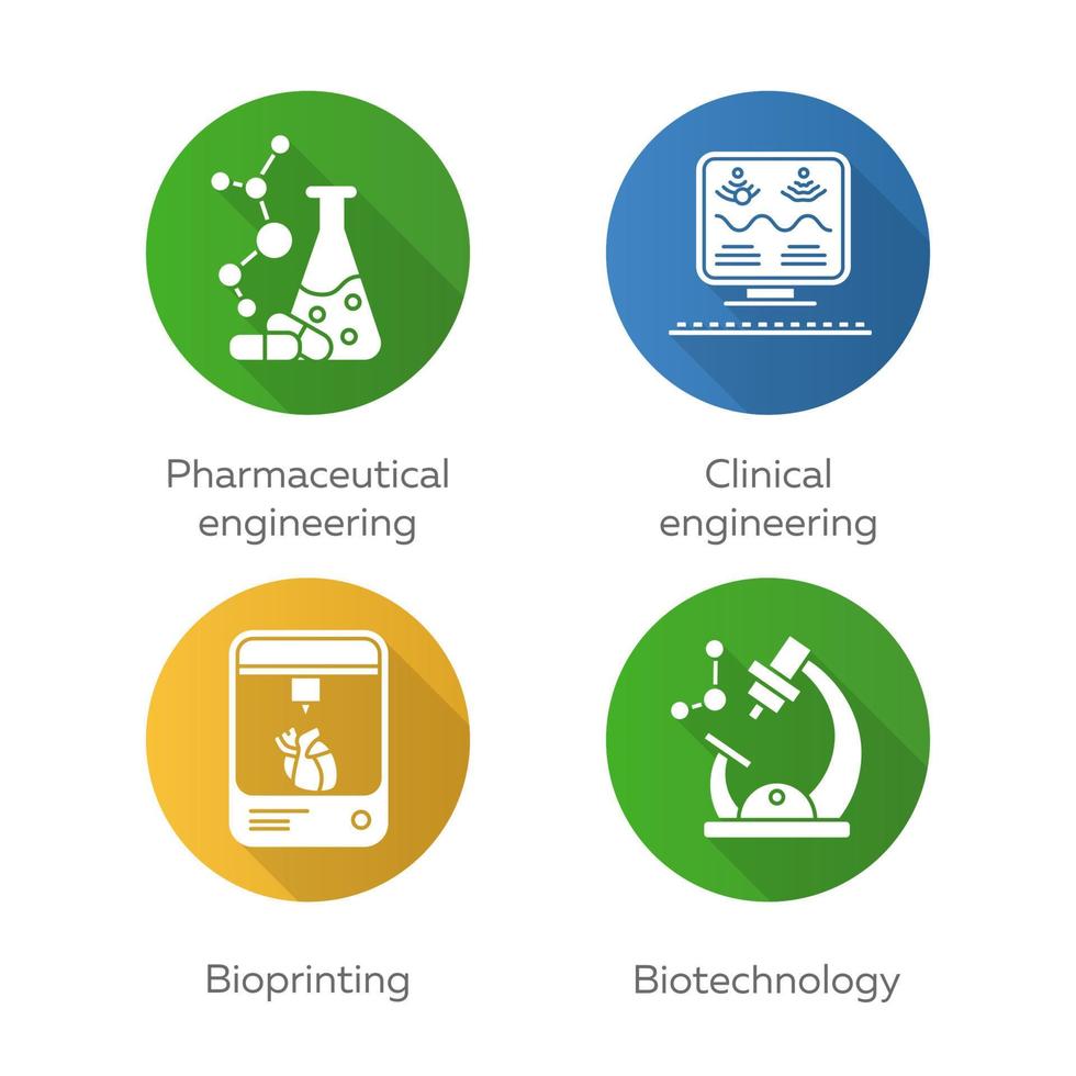 Bioengineering flat design long shadow glyph icons set. Medical technologies for research treatment. Pharmaceutical and clinical engineering, bioprinting, biotechnology. Vector silhouette illustration