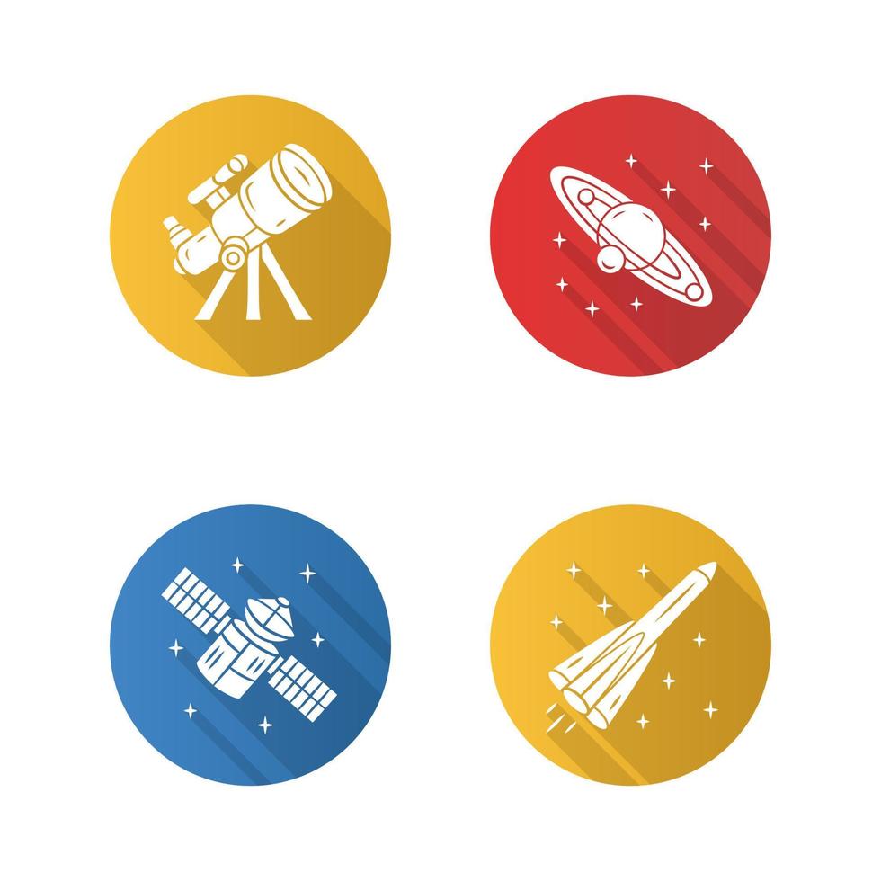 Astronomy flat design long shadow glyph icons set. Space exploration, research. Telescope, Solar System, artificial satellite, rocket. Astrophysics. Cosmic mission. Vector silhouette illustration