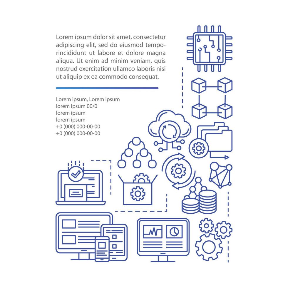 plantilla de vector de página de artículo de desarrollo de software. folleto de tecnología en la nube, revista, elemento de diseño de folleto con iconos lineales y cuadros de texto. diseño de impresión. ilustraciones conceptuales con espacio de texto