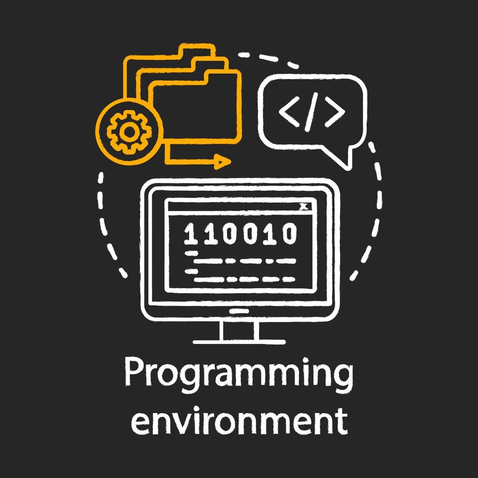 Programming environment, language chalk concept icon. Software engineering, app development idea thin line chalkboard illustration. IT industry, script writing. Vector isolated outline drawing