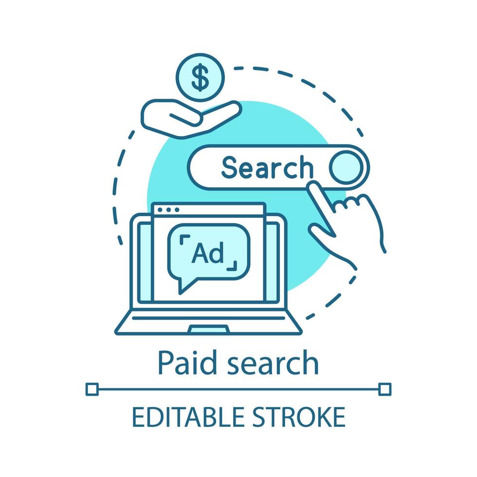 Paid search blue concept icon. PPC channel idea thin line illustration. Digital marketing strategy. Pay per click model. Search engine results. Vector isolated outline drawing. Editable stroke