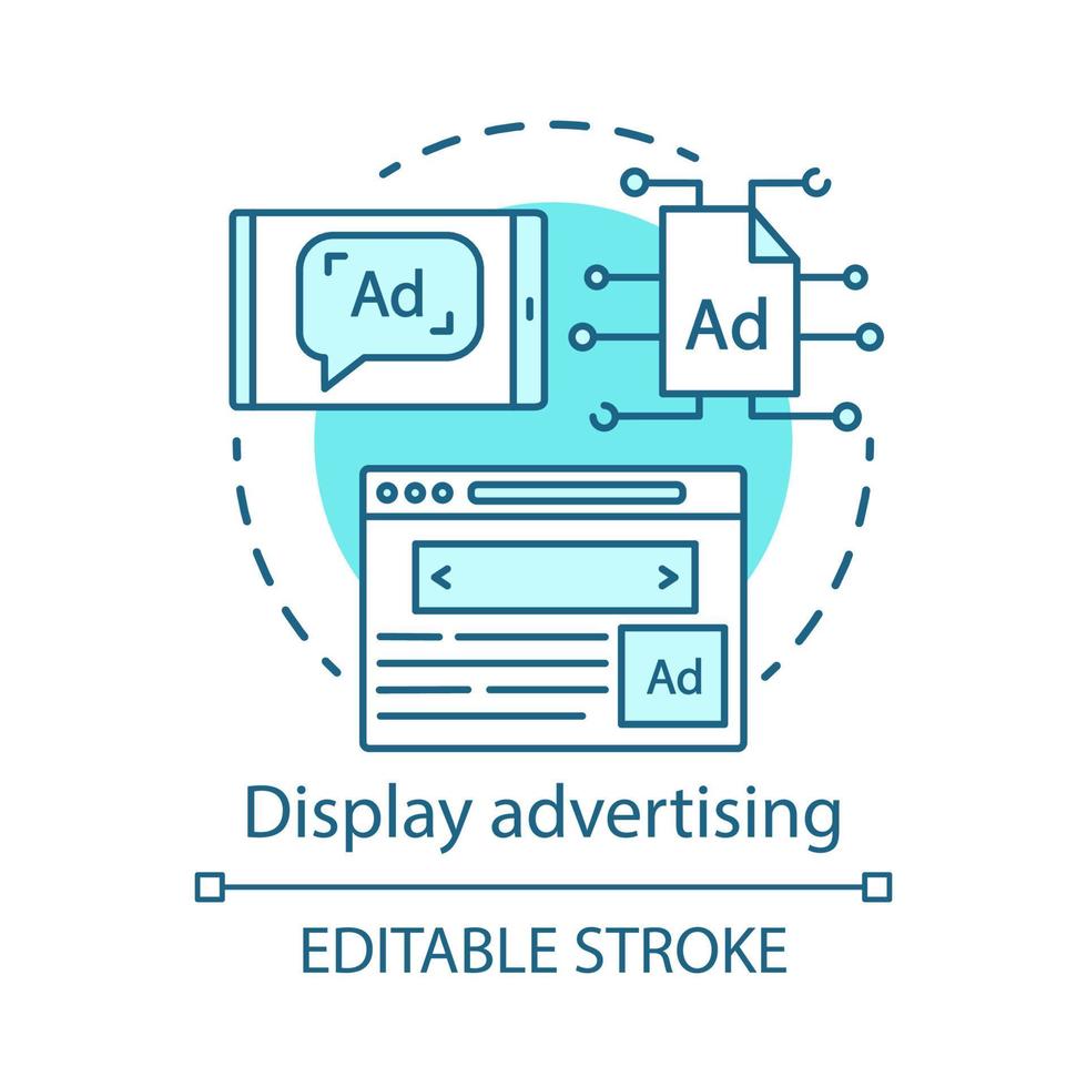 Display advertising blue concept icon. Online advertising idea thin line illustration. Website, app, social media ads. Digital media marketing. Vector isolated outline drawing. Editable stroke