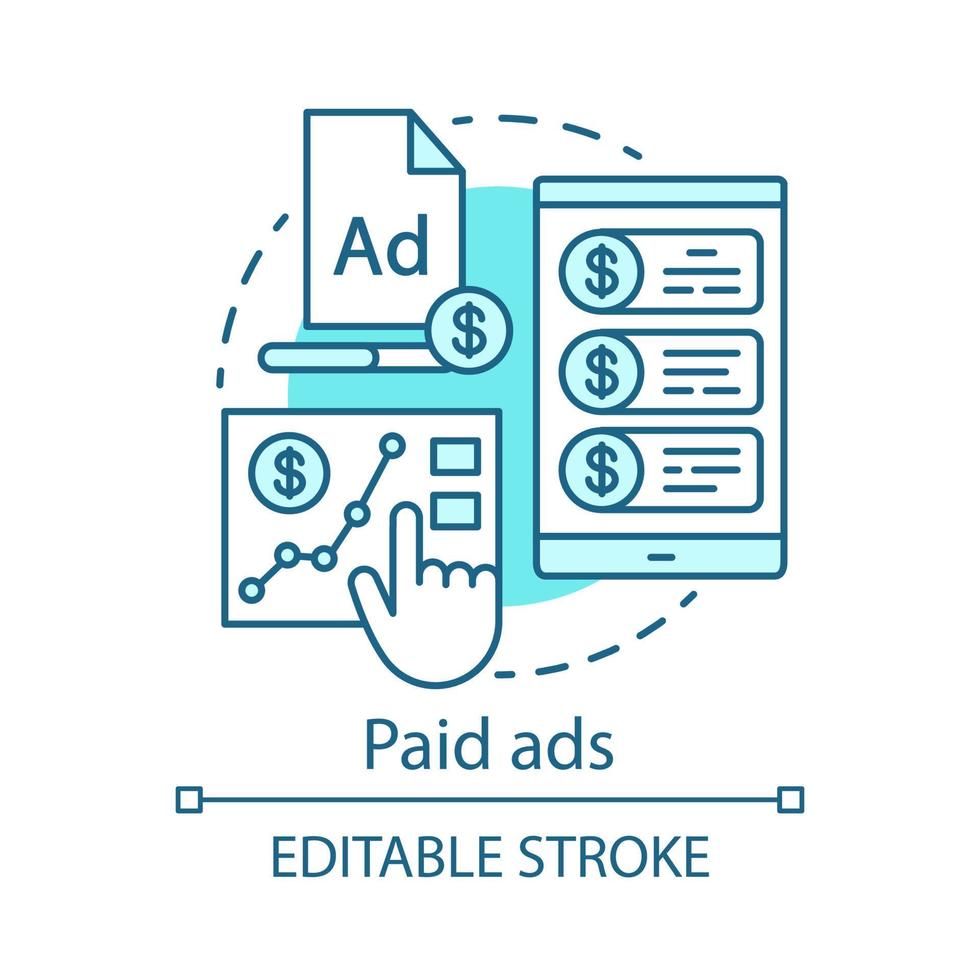 Paid ads blue concept icon. Online marketing idea thin line illustration. PPC channel. Commercial connection. Pay per click advertising campaign. Vector isolated outline drawing. Editable stroke