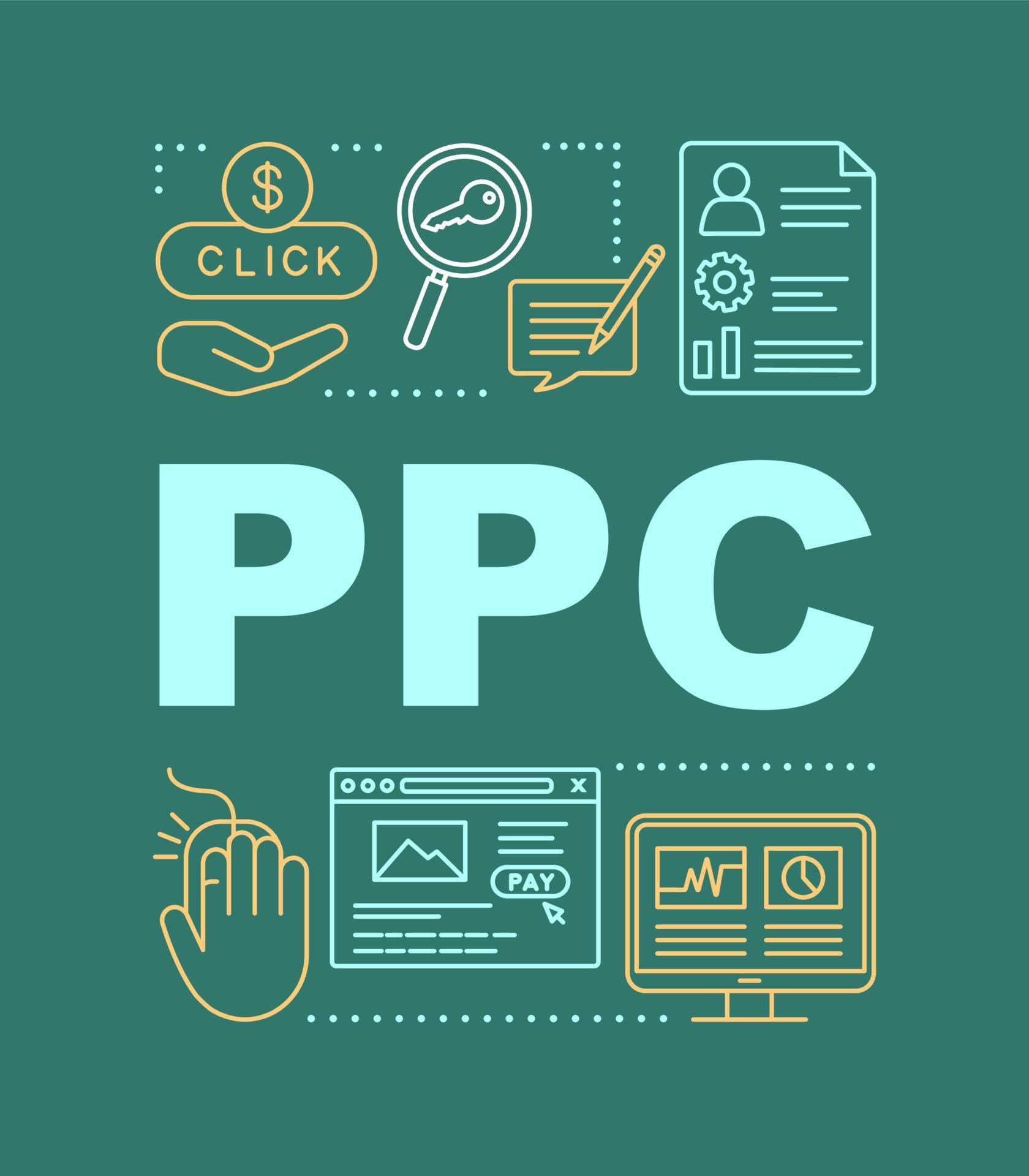 PPC word concepts banner. Pay per click digital marketing strategy