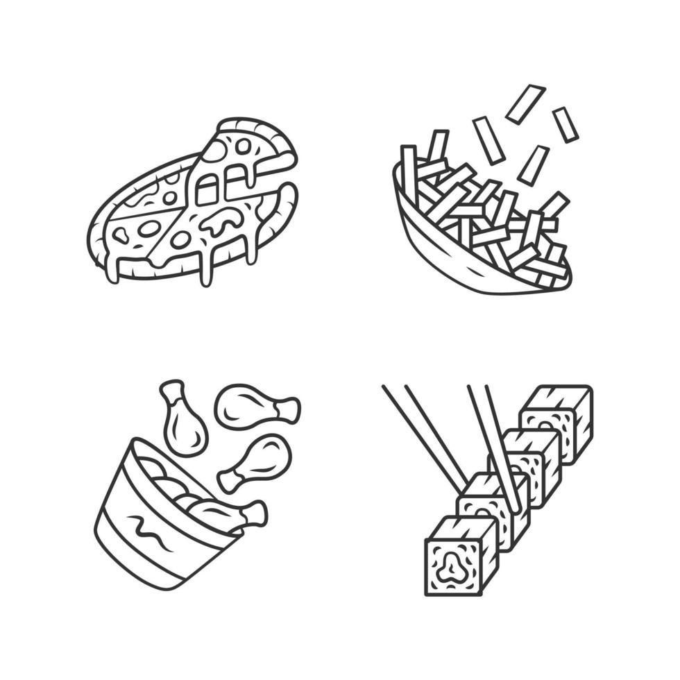 Fast food linear icons set. Pizza, french fries, chicken drumsticks, sushi. Fat dishes. Restaurant, cafe menu. Thin line contour symbols. Isolated vector outline illustrations. Editable stroke