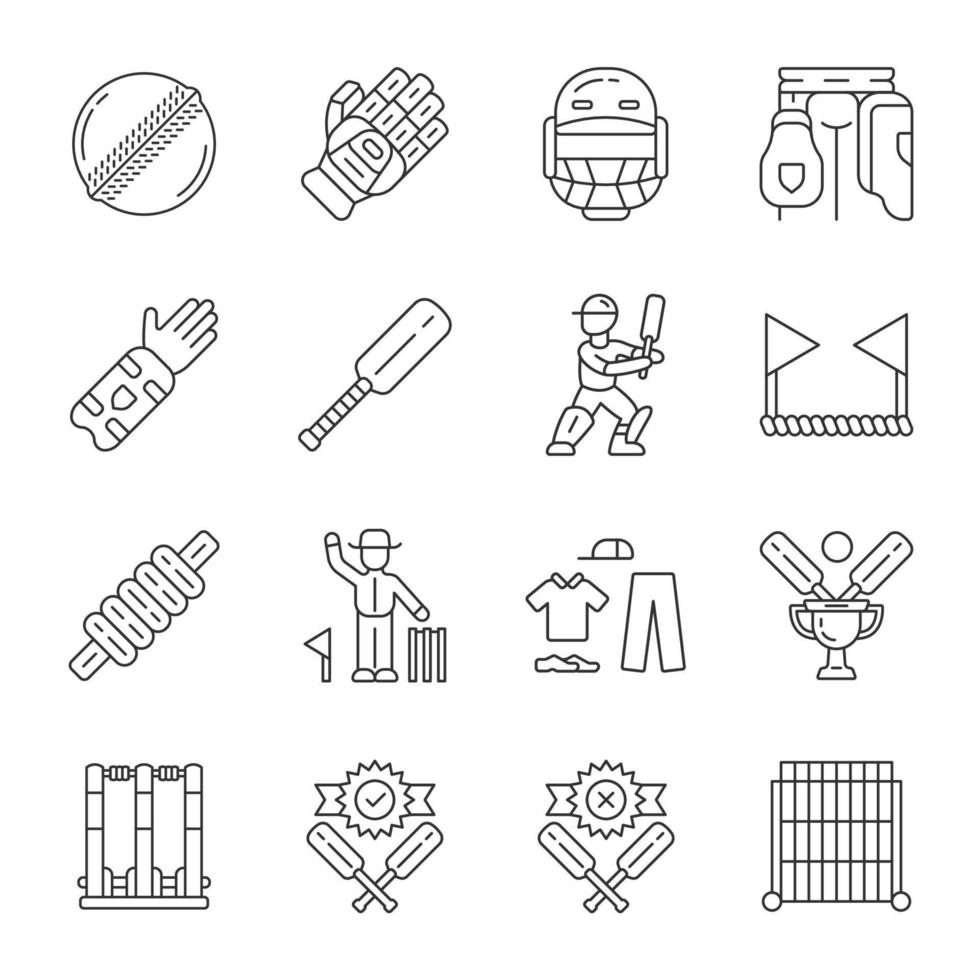 Cricket championship linear icons set. Sport uniform, protective gear, game equipment. Match preparation. Thin line contour symbols. Isolated vector outline illustrations. Editable stroke