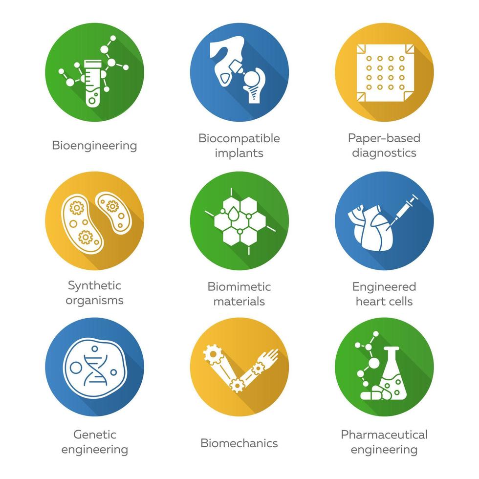 conjunto de iconos de glifo de sombra larga de diseño plano de bioingeniería. biotecnología para la salud, investigación evolutiva. biología molecular, biomédica e ingeniería molecular. ilustración de silueta vectorial vector