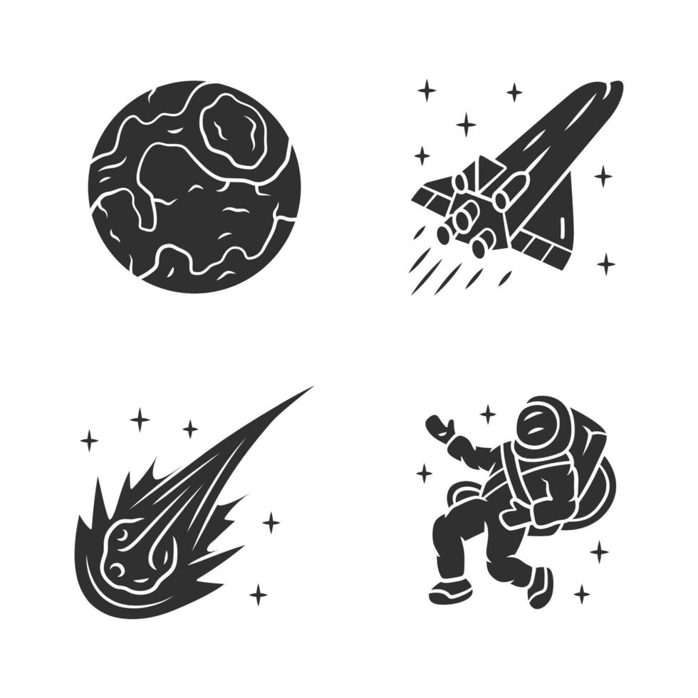 conjunto de iconos de glifo de astronomía. exploración espacial. tierra, nave espacial, cometa, astronauta. astrofísica. investigación de galaxias. viaje interestelar. misión cósmica. símbolos de silueta. ilustración vectorial aislada vector