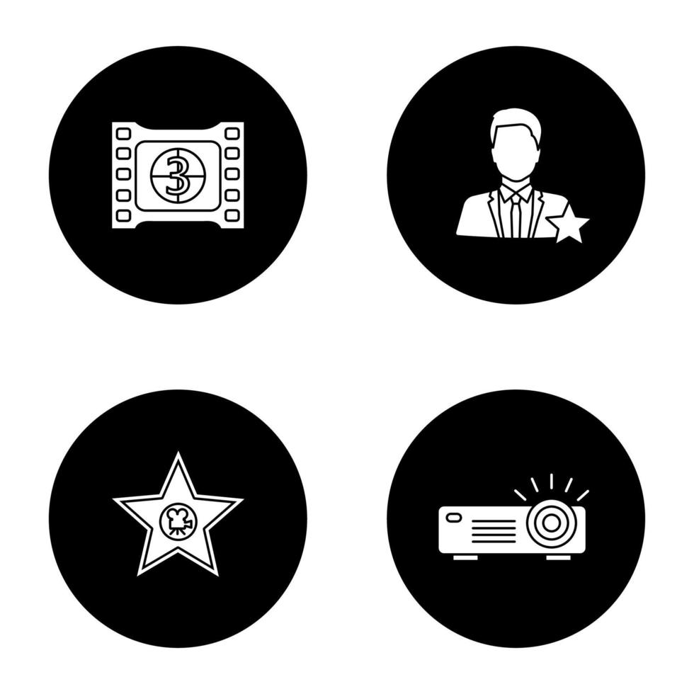 Cinema glyph icons set. Film frame with countdown, movie star, actor, projector. Vector white silhouettes illustrations in black circles