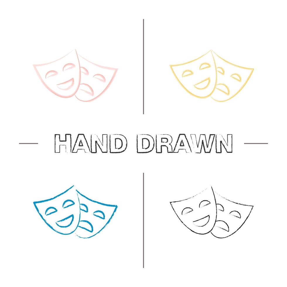 Comedy and tragedy masks hand drawn icons set. Theater. Drama. Color brush stroke. Isolated vector sketchy illustrations