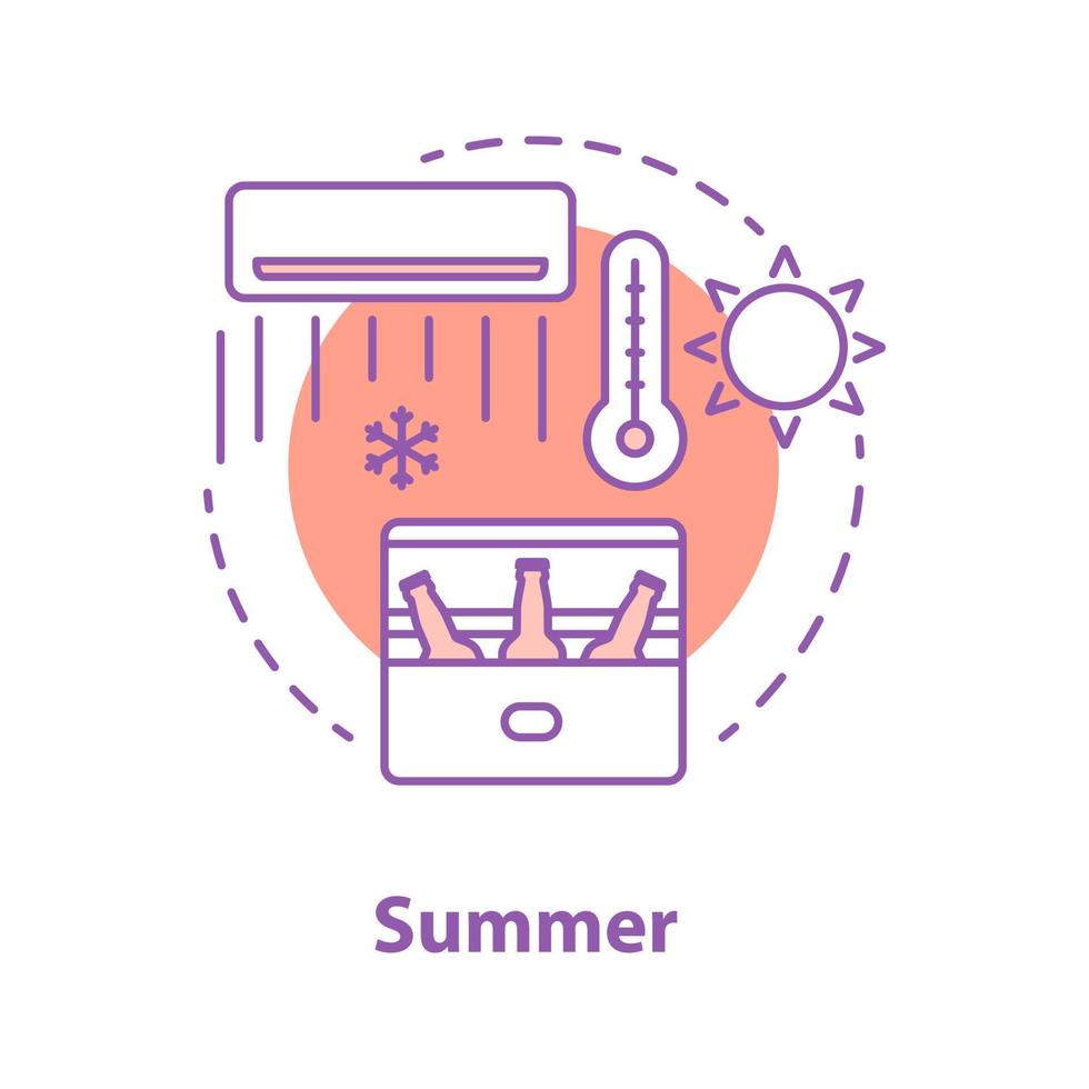 Summer rest concept icon. Hot weather. Refreshment idea thin line illustration. Beer, air conditioner. Vector isolated outline drawing