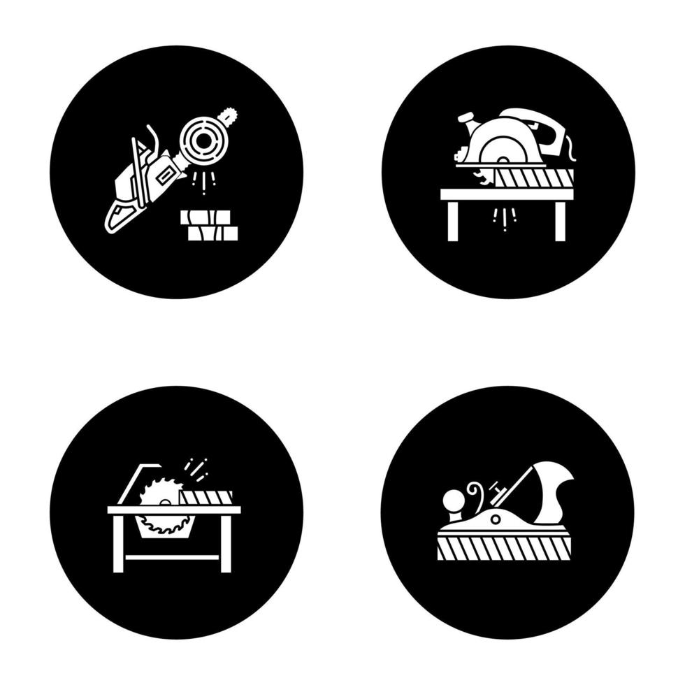 Construction tools glyph icons set. Carpentry. Chainsaw, circular saws, jack plane. Vector white silhouettes illustrations in black circles