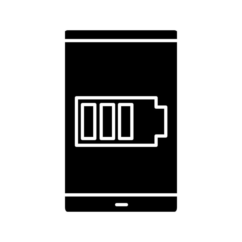 Smartphone battery glyph icon. Battery charging. Silhouette symbol. Negative space. Vector isolated illustration