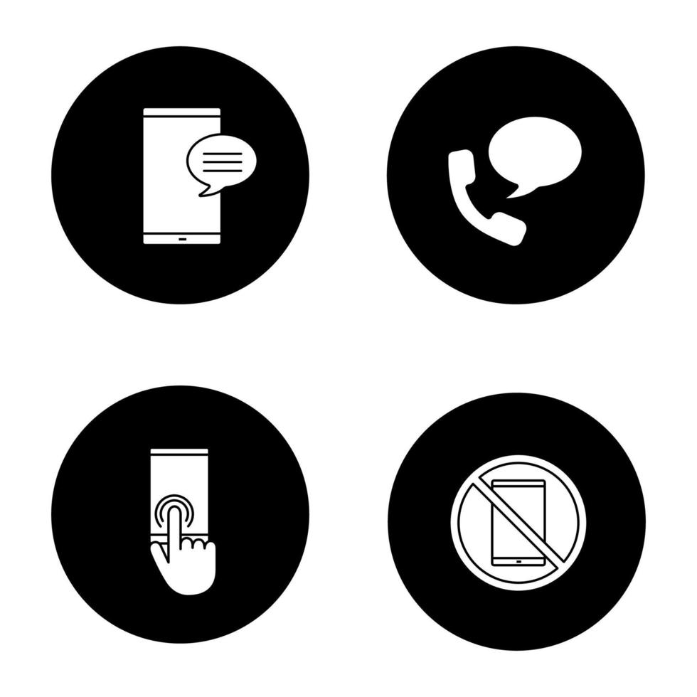 Phone communication glyph icons set. Chatting, voice message, touchscreen, smartphone prohibition. Vector white silhouettes illustrations in black circles