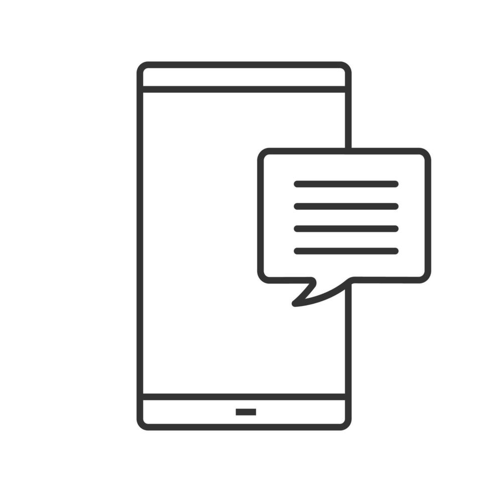 Smartphone with speech bubble linear icon. Thin line illustration. SMS, notification, message. Online chat. Forum. Contour symbol. Vector isolated outline drawing